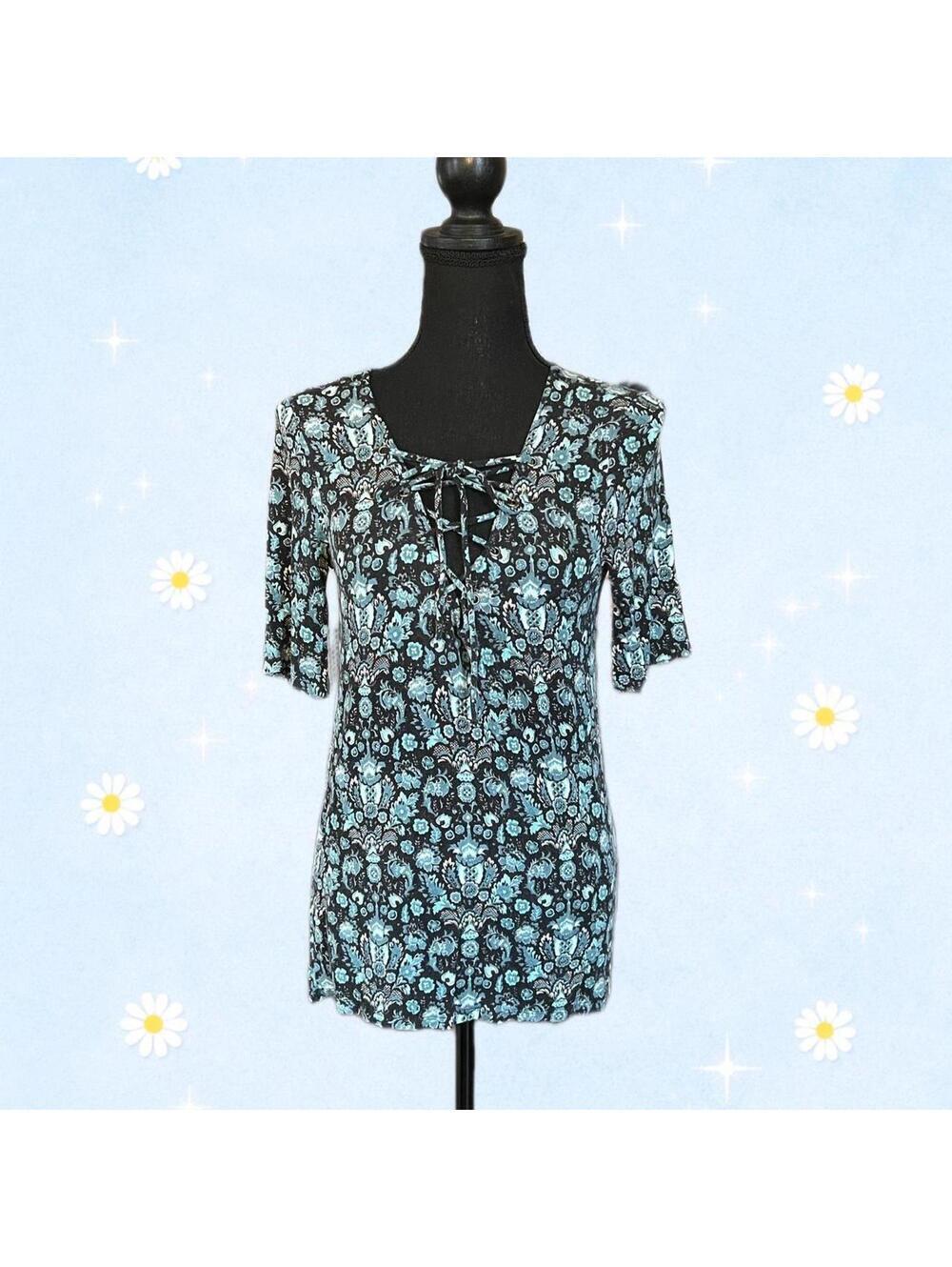 American Eagle medium teal floral lace-up top Y2K fitted fairy grunge 💙🌼